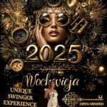 Cartel de Nochevieja 2024 en Open-Minded.club con detalles dorados y relojes, promoviendo la fiesta swinger más exclusiva en Valencia.