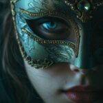 Primer plano de una persona con una máscara negra detallada, creando un aire de misterio y sensualidad