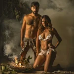Couple in elegant lingerie beginning initiation ritual at a swinger club.