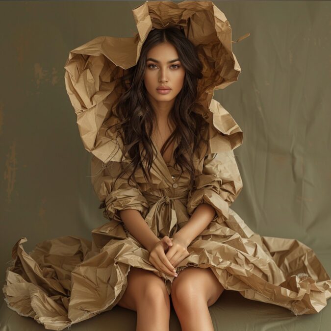Mujer posando con un vestido hecho de papel , mostrando creatividad y estilo en la fiesta “Everything But Clothes” en OPEN-MINDED Valencia.
