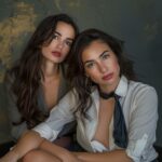 Dos mujeres con camisas abiertas y corbatas en ambiente swinger