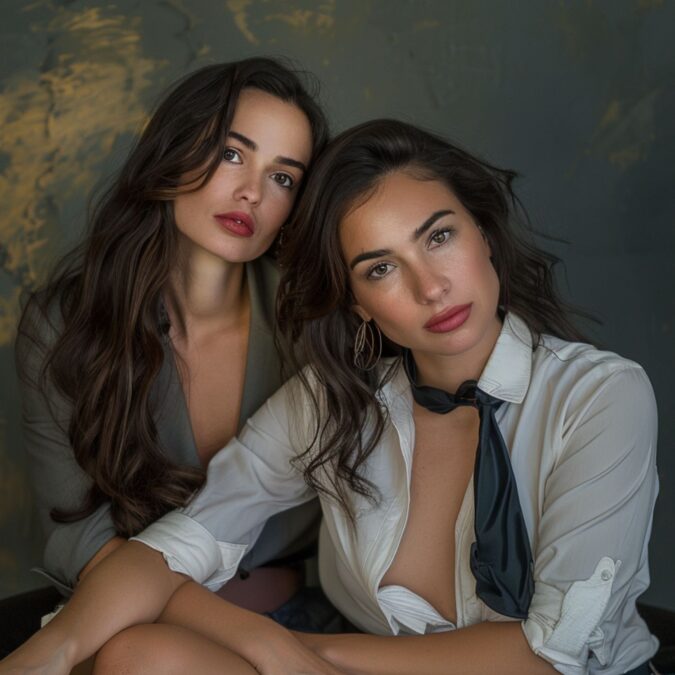 Dos mujeres con camisas abiertas y corbatas en ambiente swinger