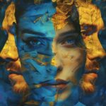 Mujer entre dos hombres con una iluminación artística y un fondo vibrante