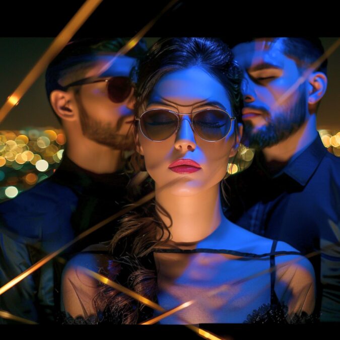 Mujer con gafas de sol rodeada por dos hombres en un ambiente nocturno y sensua
