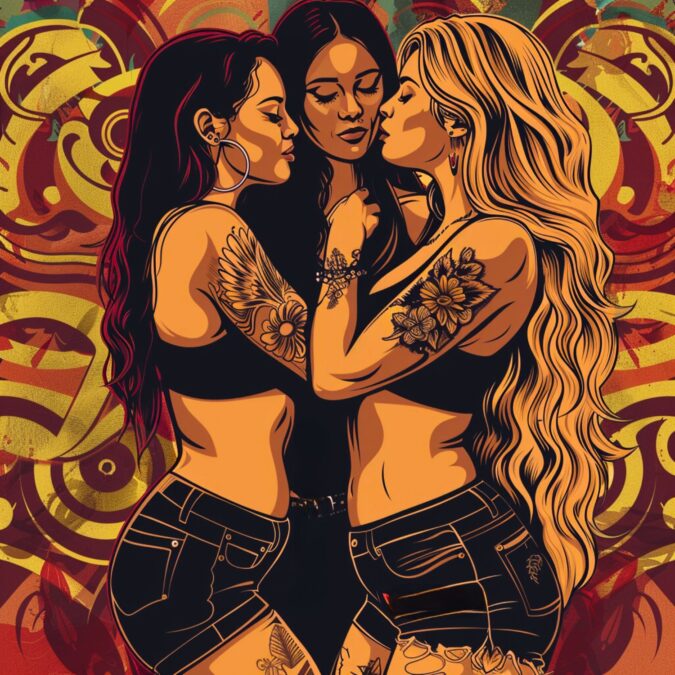 Illustration of two women facing each other closely, each with tattoos, in a colorful party atmosphere