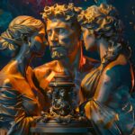 Tres esculturas doradas y plateadas de figuras humanas en un entorno oscuro y enigmático, simbolizando elegancia y misterio en la fiesta “OSCURO” de Open-Minded en Valencia.