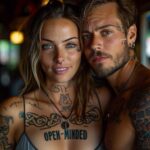 Pareja tatuada con la palabra “OPEN-MINDED” en el pecho de la mujer, mostrando cercanía y confianza