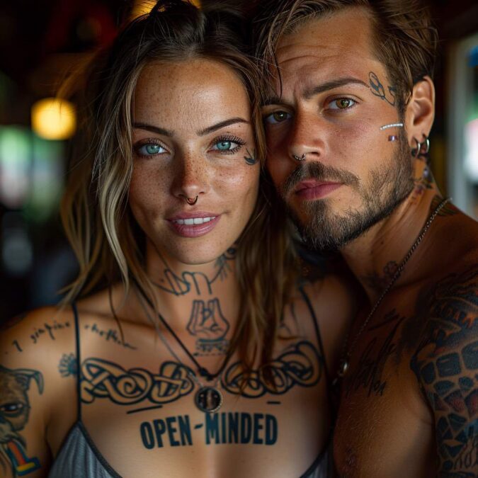 Pareja tatuada con la palabra “OPEN-MINDED” en el pecho de la mujer, mostrando cercanía y confianza