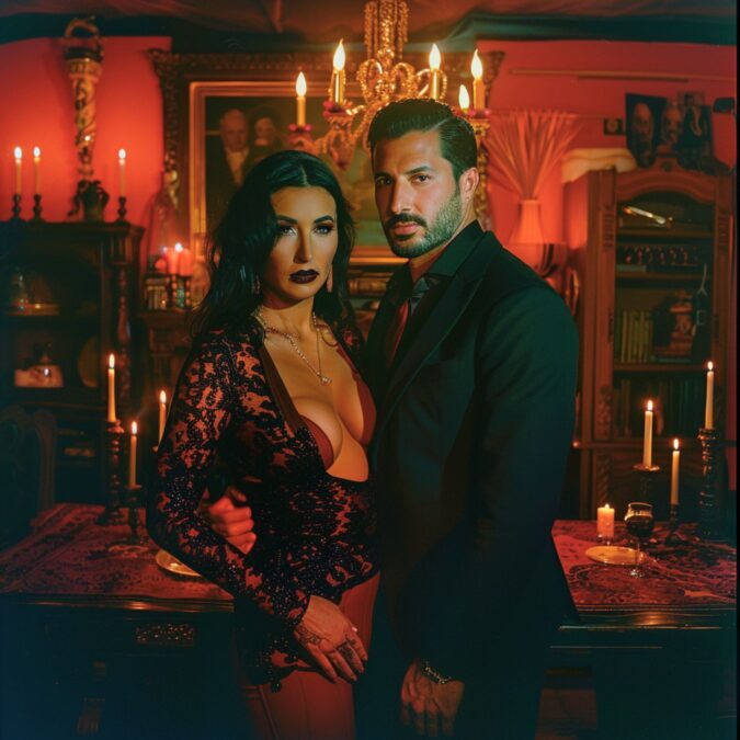 Una pareja elegante, el hombre en traje negro y la mujer en un vestido negro escotado, posando en un ambiente decorado con velas y un candelabro
