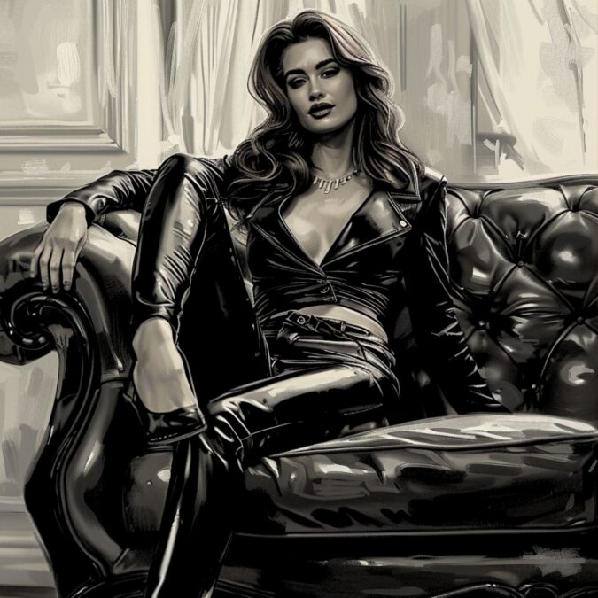 An elegant and sophisticated blonde woman in a glossy black latex bodysuit and boots, sitting confidently on a luxurious leather sofa at the Dominatrix Friday Party in OpenMinded club