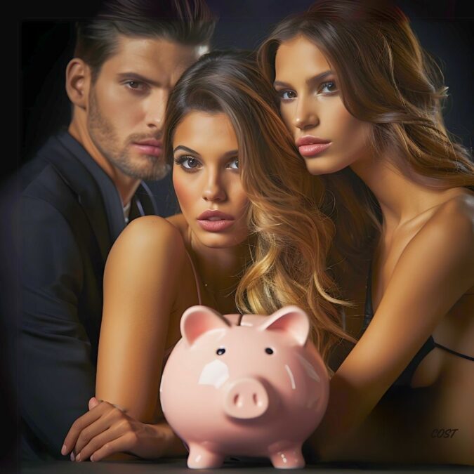 Tres personas atractivas, dos mujeres y un hombre, posando detrás de una hucha de cerdito rosa