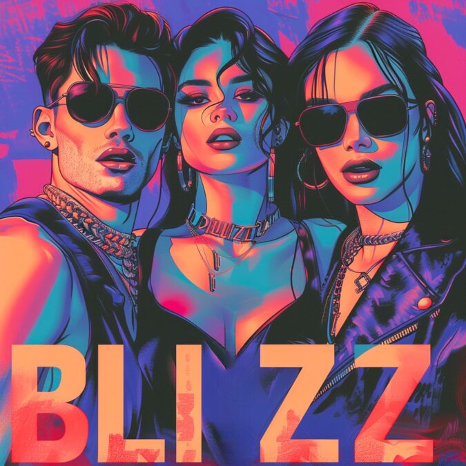 Grupo de tres personas con estilo futurista para la fiesta Blizz Swingers: Mary Night Extravaganza, con temática de “There’s Something About Mary” y Y2K