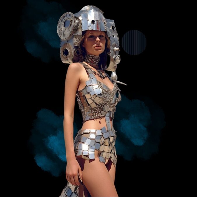 Mujer con traje metálico futurista y elaborado en Burning Woman