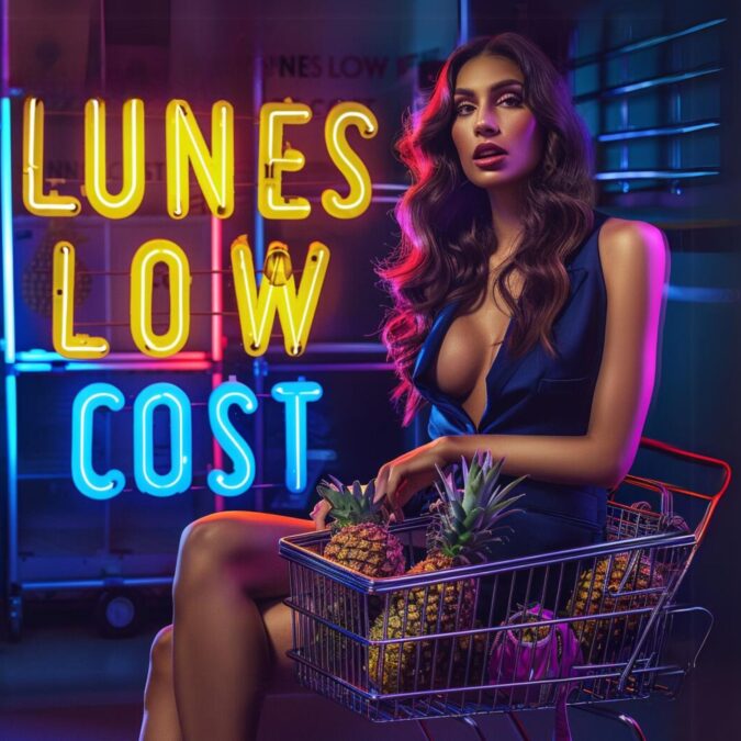 Mujer en un carrito de compras con piñas, con el cartel de Lunes Low Cost de fondo en Open-Minded Valencia
