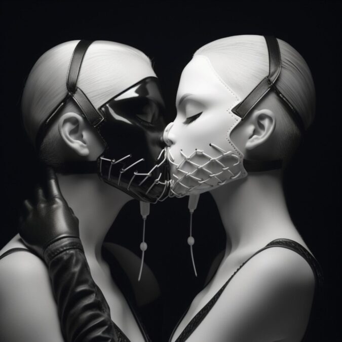 Dos personas con máscaras de BDSM besándose apasionadamente, destacando la celebración del Día Internacional del BDSM en MIERCOLEX Open-minded.