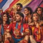 Un grupo de personas con camisetas de la selección española de fútbol celebrando juntos. Están sosteniendo bebidas y lucen festivos, con banderas y decoraciones en el fondo.
