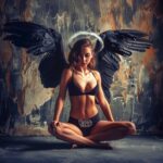Mujer con alas negras y aureola, vestida en ropa interior negra, sentada en posición de meditación en un fondo oscuro.