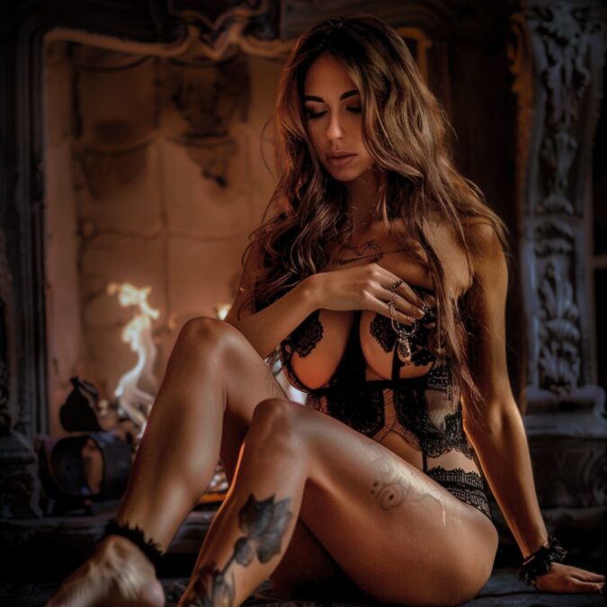 Mujer sentada en lencería negra, con un fondo oscuro y una iluminación tenue, creando un ambiente sensual y elegante.