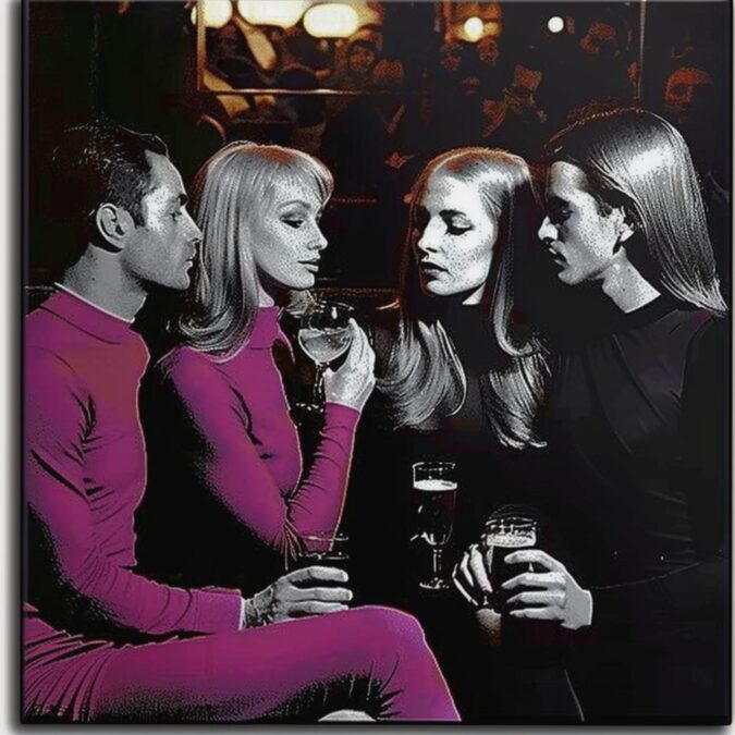 Cuatro personas en un club elegante con iluminación tenue, disfrutando de bebidas y conversación, destacando la desinhibición y elegancia de MIERCOLEX Open-minded.