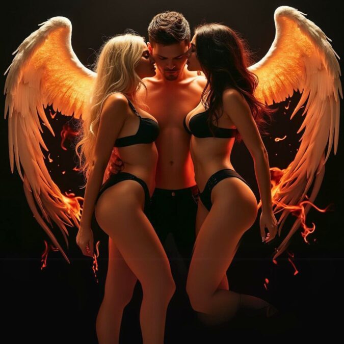 Tres figuras en lencería, dos mujeres con alas de ángel rodeando a un hombre, en un ambiente de contrastes oscuros y resplandores ardientes.