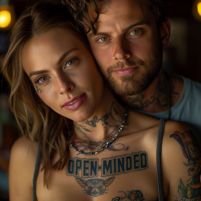 Pareja joven con tatuajes, incluyendo “Open-Minded”, simbolizando la conexión y el respeto en los clubes open-minded.