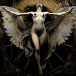 Mujer alada desnuda con brazos extendidos, simbolizando la asunción en un entorno celestial y místico.