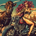 Ilustración de una mujer en una motocicleta, vestida con ropa provocativa, acompañada por un toro en una escena urbana.