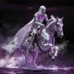 Jinete del Apocalipsis en un caballo blanco, con una capa y armadura iluminadas en tonos púrpura, cabalgando a través del agua.