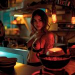 Mujer seductora en bikini negro dentro de un bar con iluminación cálida.