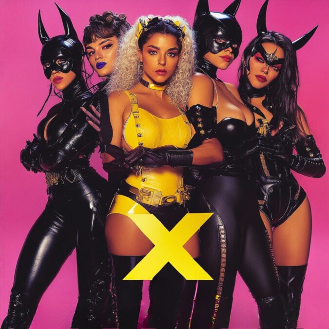 Grupo de mujeres con trajes de cuero y látex, posando con confianza frente a un fondo rosa con una gran “X” amarilla