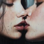 Primer plano de dos mujeres a punto de besarse, capturando la esencia del evento Intercambio Suave en Open-Minded