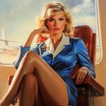 Una mujer rubia, vestida como azafata, sentada en un asiento de avión con un avión en el fondo.