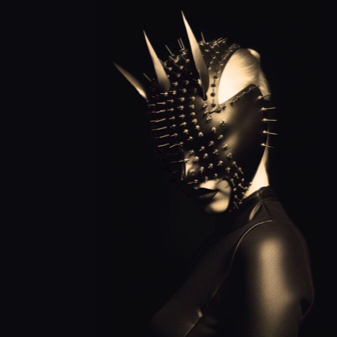 Dark, mysterious figure in a spiked mask, exuding power and dominance in a dimly lit environment