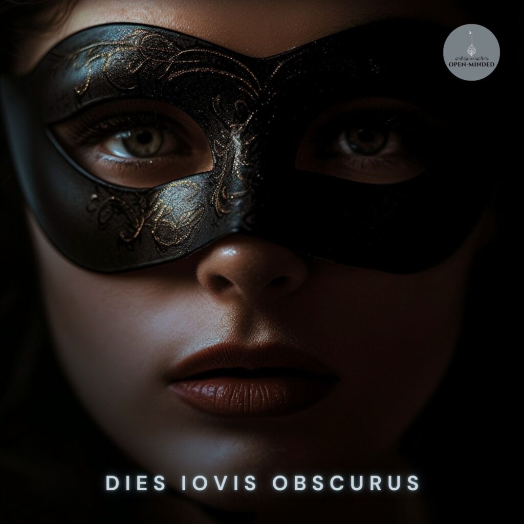 Primer plano de una mujer con una máscara negra decorativa y mirada enigmática. En la parte inferior de la imagen se lee “Dies Iovis Obscurus” en letras blancas. El logo de OPEN-MINDED aparece en la esquina superior derecha.