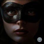 Primer plano de una mujer con una máscara negra decorativa, con mirada intensa y labios en tonos oscuros. El logo de OPEN-MINDED aparece en la esquina inferior derecha.