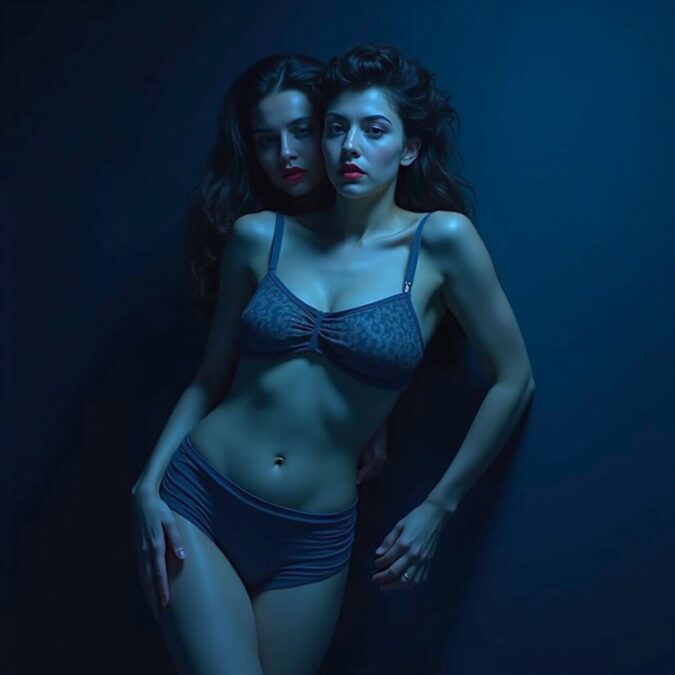 Dos mujeres en lencería, en un ambiente de luz tenue y misterio, representando el evento Jueves Oscuro en OPEN-MINDED Valencia