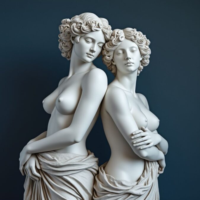 Escultura clásica de dos mujeres desnudas con peinados elaborados, mostrando una postura de intimidad y serenidad, en un fondo oscuro.