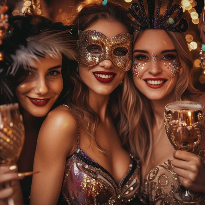 Tres mujeres con disfraces y máscaras doradas, disfrutando de la fiesta en un ambiente elegante y festivo