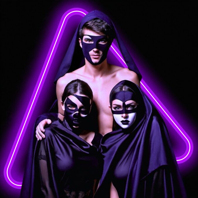 Hombre y dos mujeres con máscaras y capas negras, iluminados por un triángulo de neón morado en el fondo