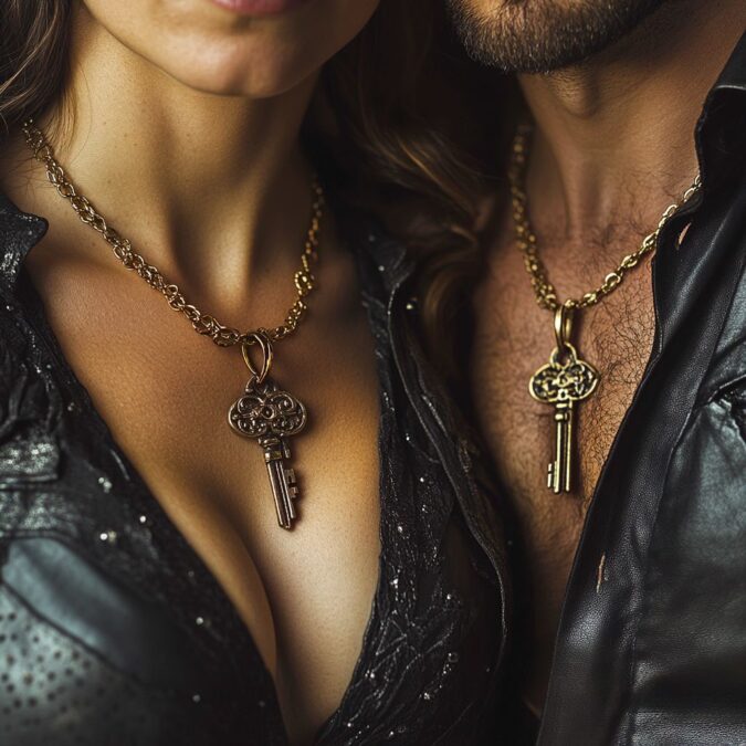Couple wearing gold key necklaces, representing access to Open-Minded’s private Sunday events for VIP and Premium members.