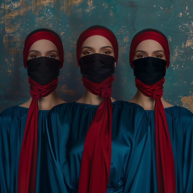 Tres mujeres con turbantes rojos y máscaras negras, vestidas con túnicas azules, frente a un fondo texturizado en tonos dorados y azules.