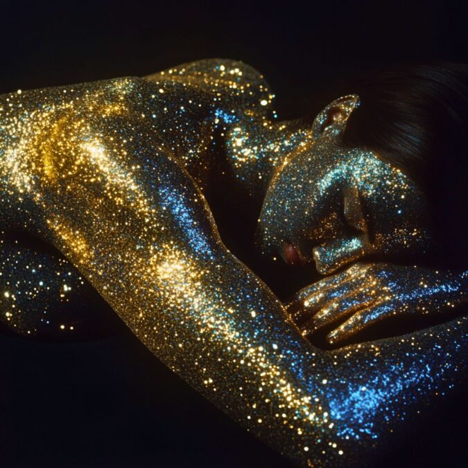Mujer recostada con el cuerpo cubierto de glitter dorado y azul, iluminada en un entorno oscuro que resalta el brillo de los destellos