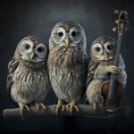 Tres búhos marrones sentados en una rama, el búho de la derecha sostiene un violín.