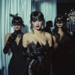 Tres mujeres vestidas en látex negro con gafas oscuras, disfrutando de la fiesta swinger “Back to Black” en OPEN-MINDED
