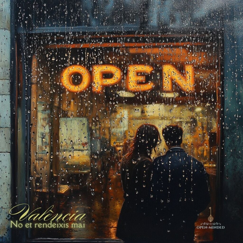 Cartel luminoso de ‘OPEN’ visto a través de un cristal con gotas de lluvia, mientras una pareja se encuentra en la entrada del local.
