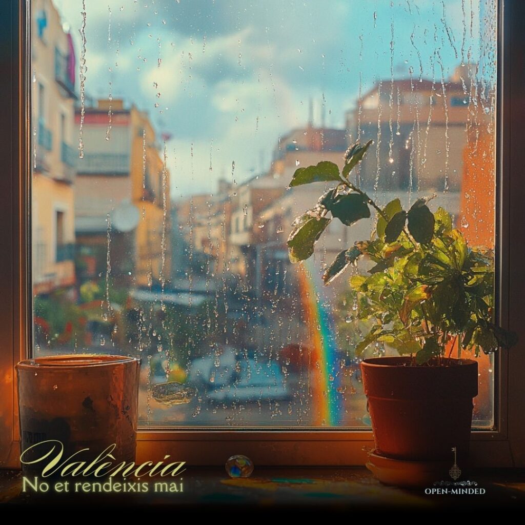 Vista desde una ventana con gotas de lluvia, mostrando una planta en el alféizar y un arcoíris en el fondo de la ciudad de Valencia.”