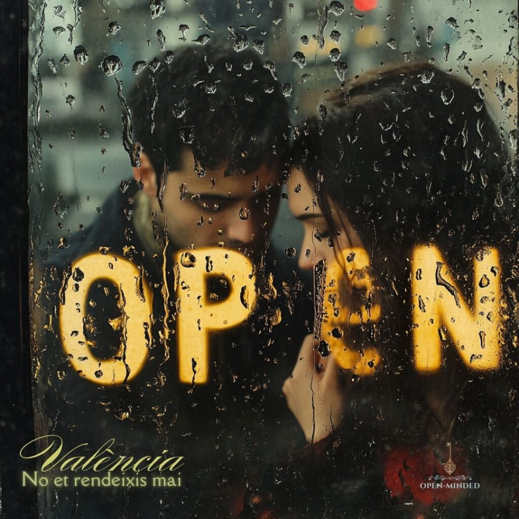 Primer plano del cartel ‘OPEN’ visto desde fuera de un local, con gotas de lluvia en el cristal y una pareja en segundo plano