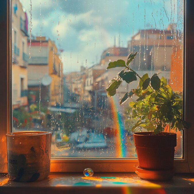 Vista desde una ventana con gotas de lluvia en el cristal, mostrando una planta en el alféizar y un arcoíris sobre la ciudad.