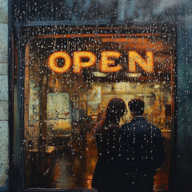 Pareja de pie frente a una ventana con el cartel ‘OPEN’, observando el interior iluminado, mientras la lluvia cae sobre el cristal.