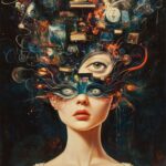 Mujer con máscara surrealista y tercer ojo en la frente, rodeada de símbolos que representan ideas, conocimiento y exploración mental en un estilo abstracto y enigmático